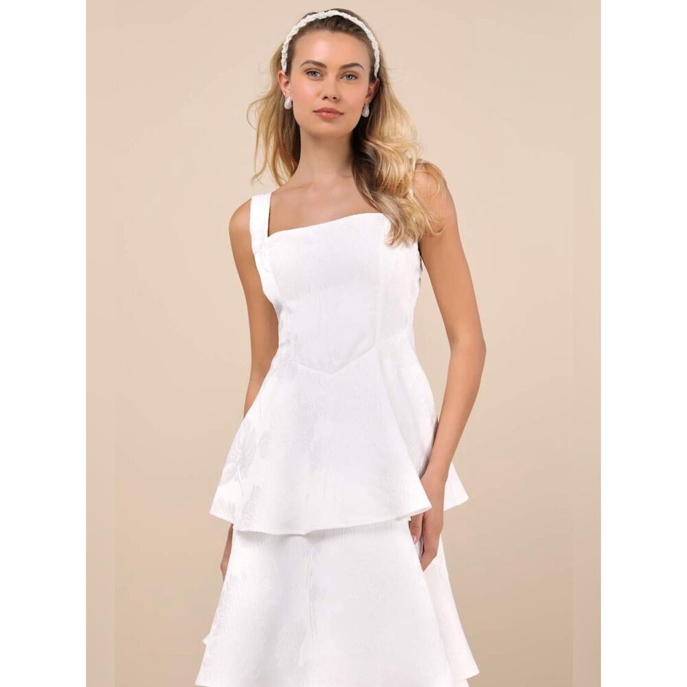 Lulus Elinore White Jacquard Tiered Midi Dress Size XL Feminine Bride Sleeveless - Picture 2 of 9